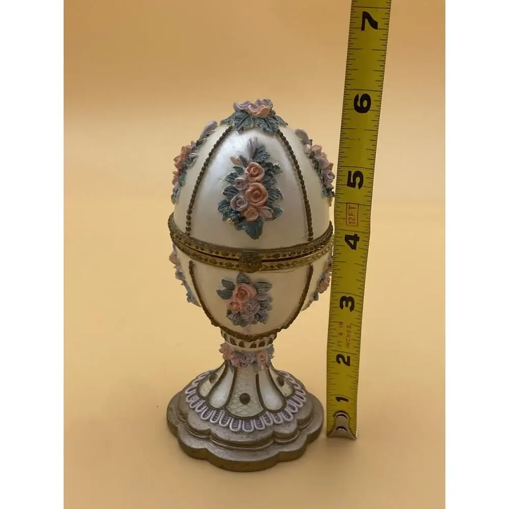 Vintage Egg Shaped Floral Metal Jewelry Box w/ Hinged Lid, Fabric Lined Interior